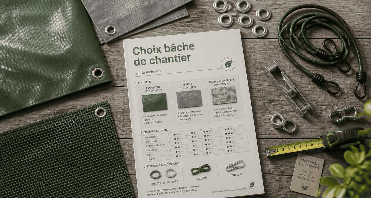 Échantillons bache de chantier sur table avec accessoires