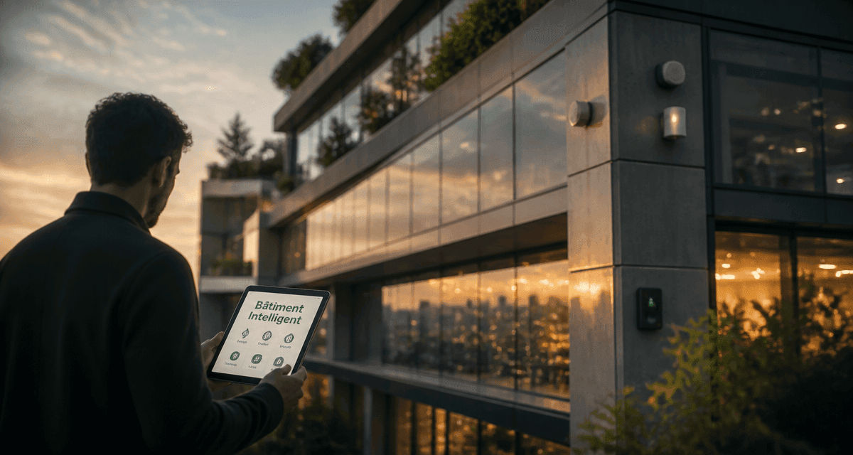 bâtiment intelligent urbain avec technicien et capteurs