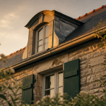 Chien assis maison sur toit en ardoise au coucher de soleil