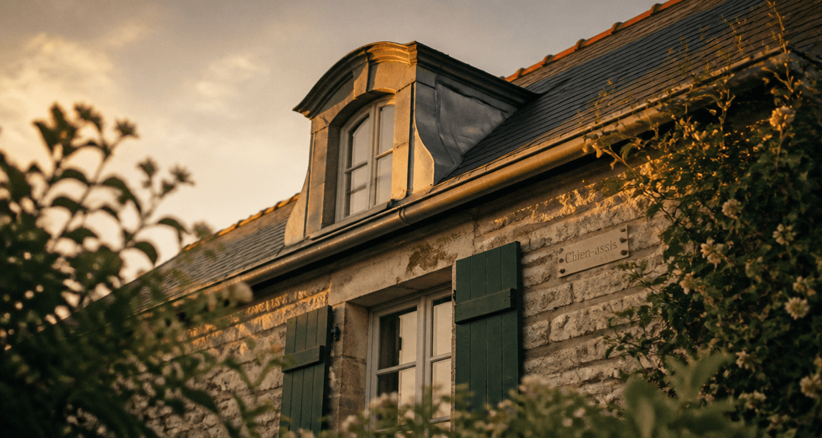 Chien assis maison sur toit en ardoise au coucher de soleil