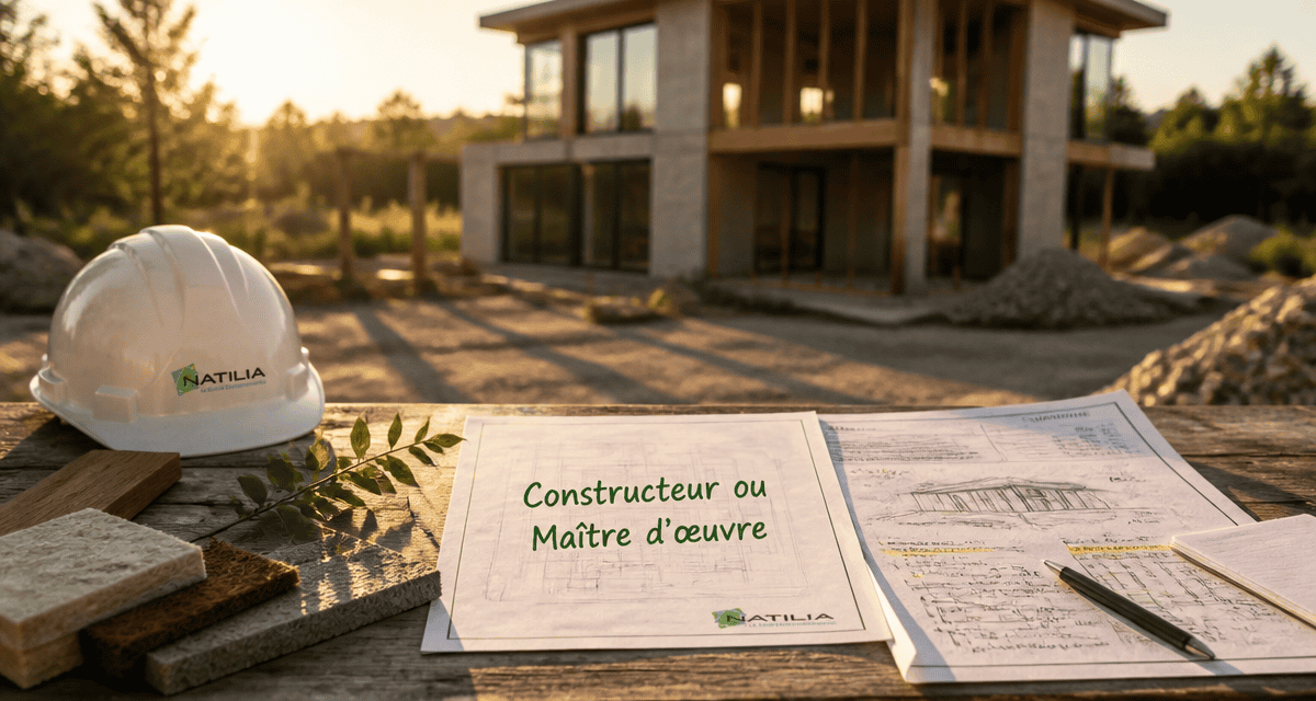 constructeur ou maitre d'oeuvre devant maison en construction