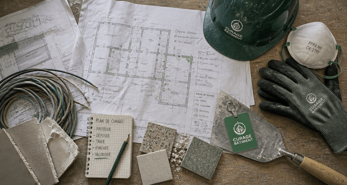 Curage batiment établi avec outils et matériaux retirés