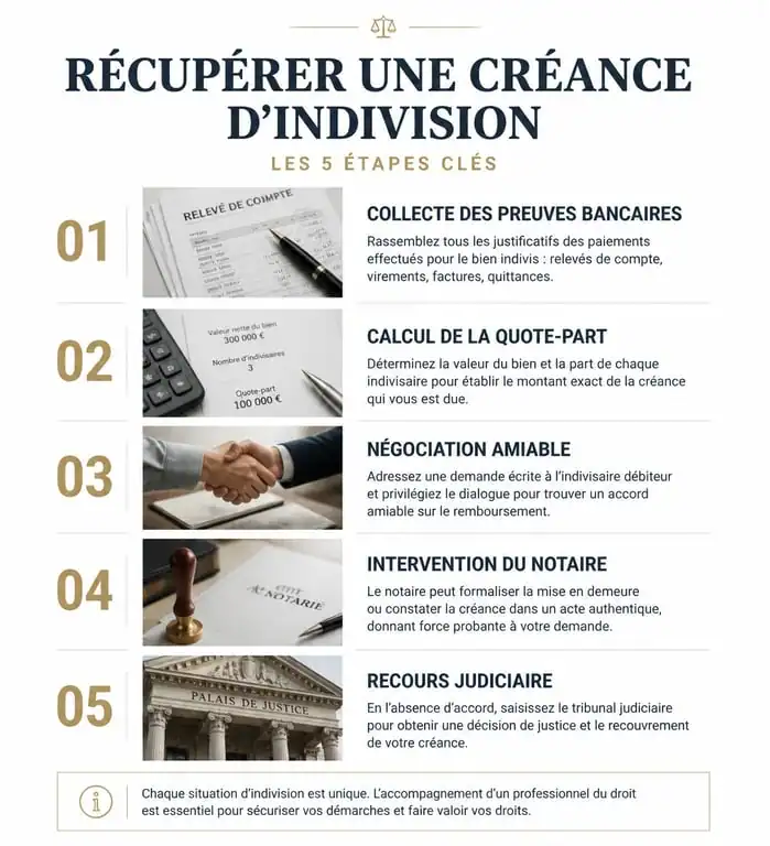 Infographie des étapes de récupération d'une créance d'indivision pour un crédit immobilier