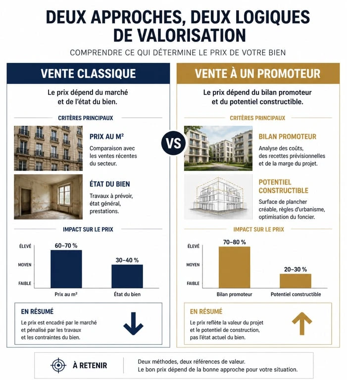 Comparatif entre une vente immobilière classique et une vente à un promoteur immobilier pour maximiser la valeur de son terrain.