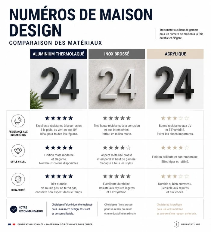 Comparatif des matériaux pour numéro de maison design : aluminium, inox et acrylique