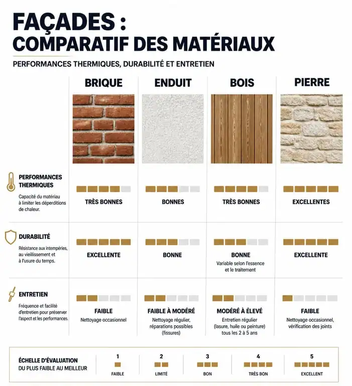 Comparatif des matériaux de façade : brique, enduit, bois et pierre
