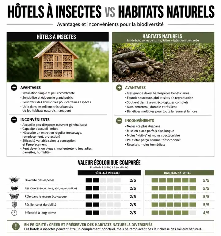 Infographie comparative sur les inconvénients des hôtels à insectes et les alternatives naturelles pour la biodiversité