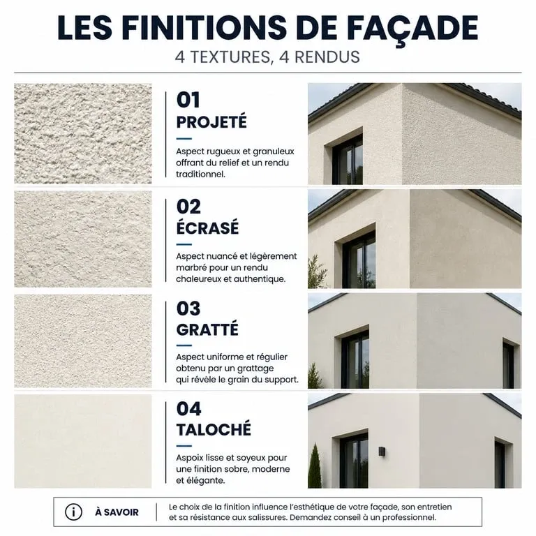 Comparatif des finitions de crépi ou enduit extérieur : projeté, écrasé, gratté et taloché