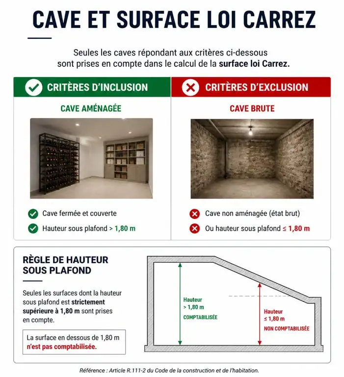 Infographie des règles d'inclusion d'une cave dans le calcul de la surface loi Carrez