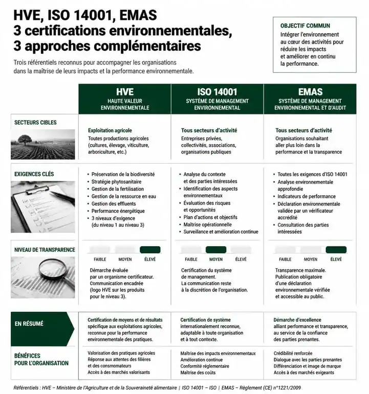 Comparatif des certifications environnementales HVE, ISO 14001 et EMAS