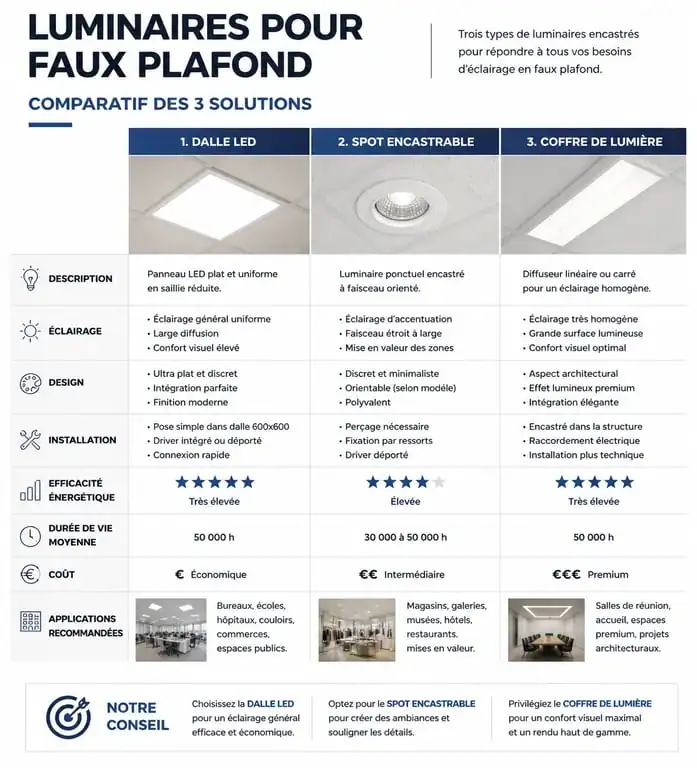 Comparatif des types de luminaires pour faux plafond : dalle LED, spot et coffre de lumière