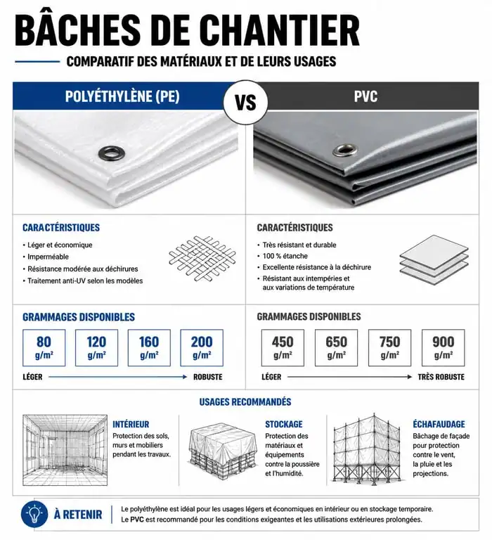 Infographie comparative des matériaux et grammages pour bâche de chantier