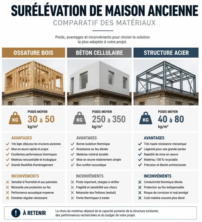 Comparatif des matériaux pour surélévation de maison ancienne : ossature bois, béton cellulaire et acier