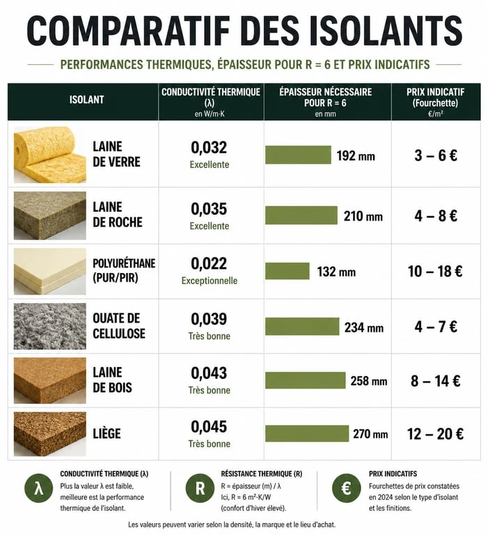 Tableau comparatif des isolants thermiques : performances, épaisseurs et prix
