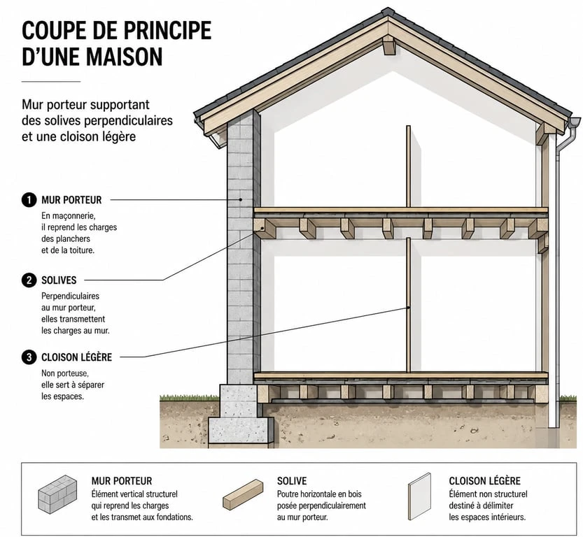 Schéma explicatif pour identifier un mur porteur dans une maison lors de travaux de rénovation
