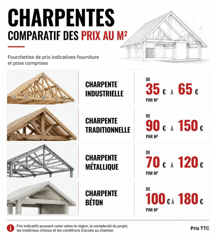 Comparatif des prix au m2 par type de charpente pour vos travaux de construction ou rénovation