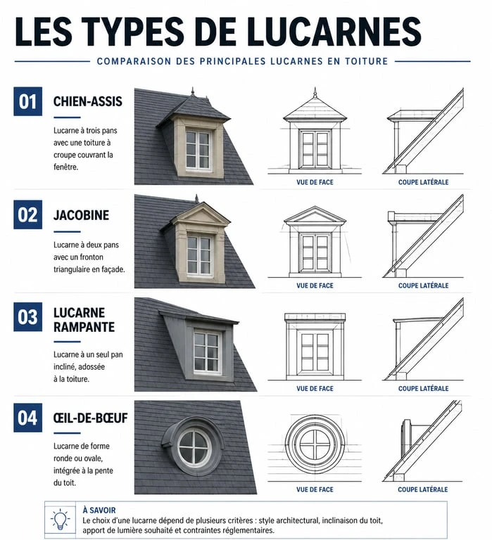 Comparatif visuel des différents types de lucarnes pour maison : chien-assis, jacobine et lucarne rampante