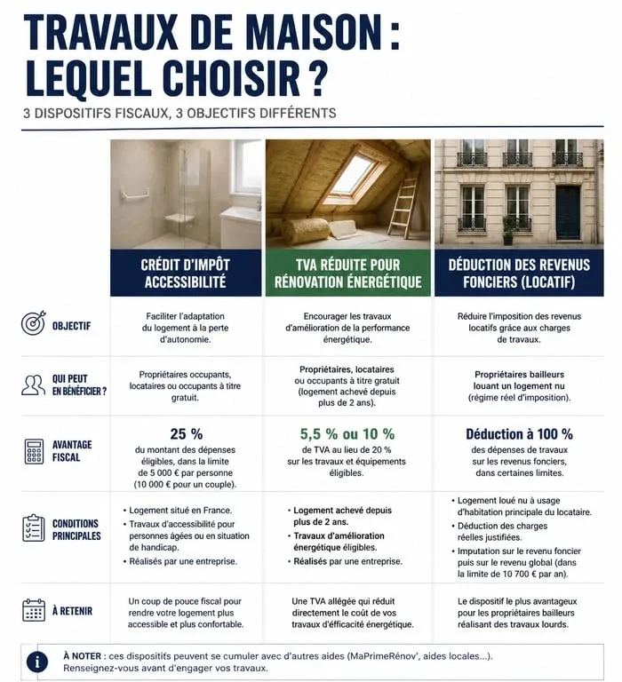 Comparatif des dispositifs fiscaux pour travaux maison : crédit d'impôt, TVA et déduction foncière