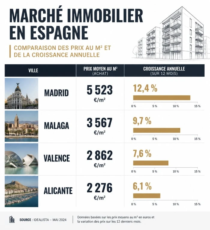 Infographie comparative des prix et de la rentabilité de l'immobilier en Espagne par ville
