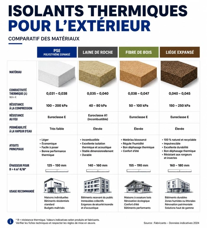 Tableau comparatif des meilleurs isolants pour l'isolation thermique par l'extérieur ITE
