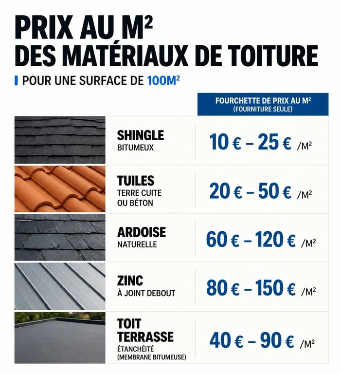 Tableau comparatif des prix pour refaire une toiture de 100m2 selon le matériau