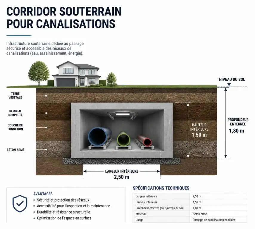 Schéma explicatif d'une servitude de tréfonds avec passage de réseaux souterrains sous une parcelle