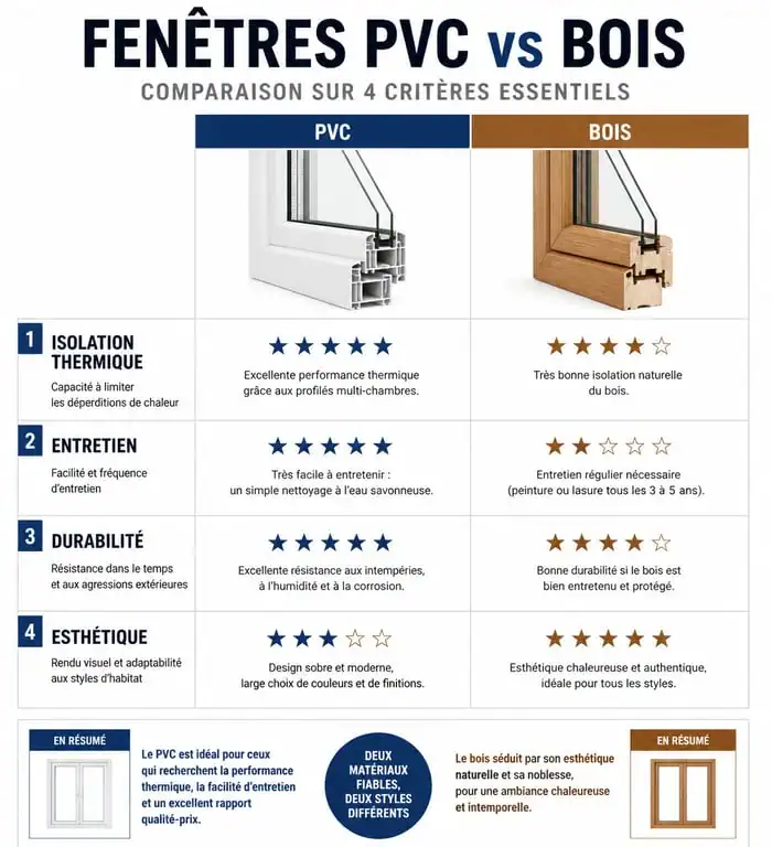 Infographie comparative des performances entre fenêtres PVC et bois pour la rénovation