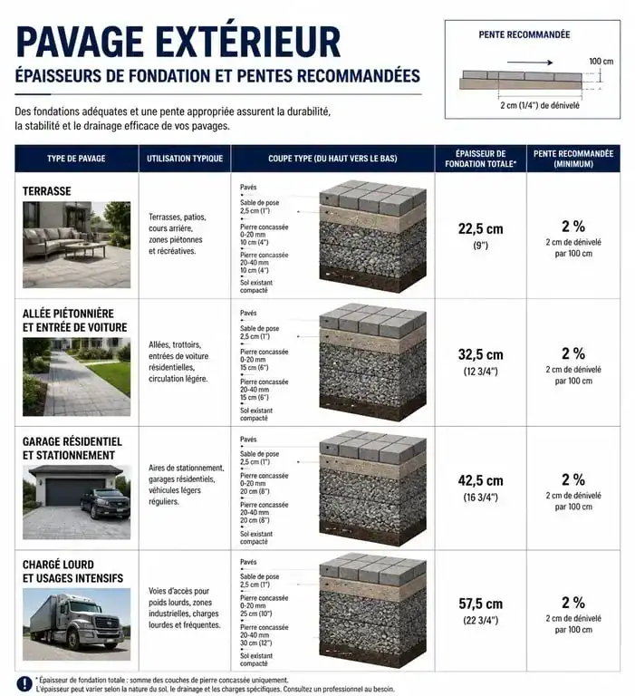 Guide des épaisseurs et pentes pour la pose de pavage