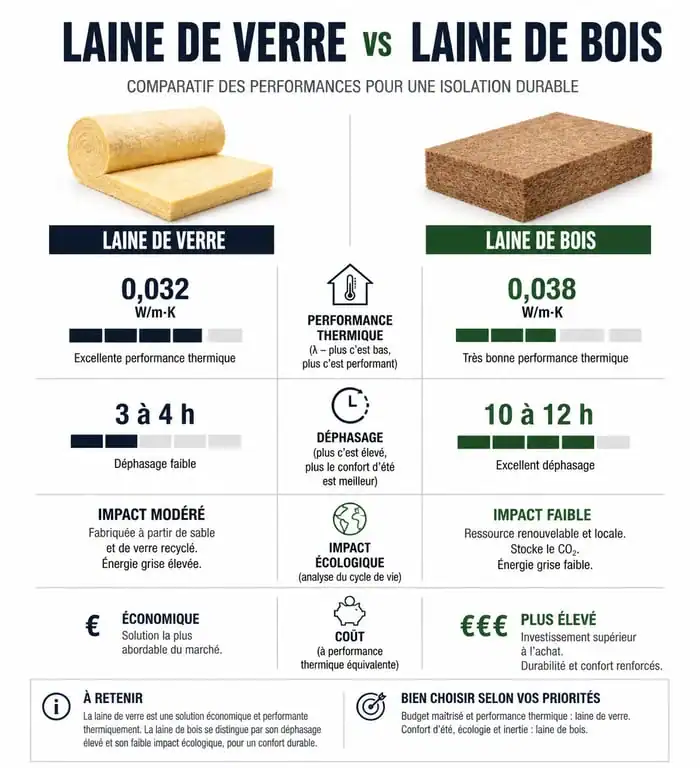 Comparatif laine de verre ou laine de bois : performances thermiques, acoustiques et écologiques