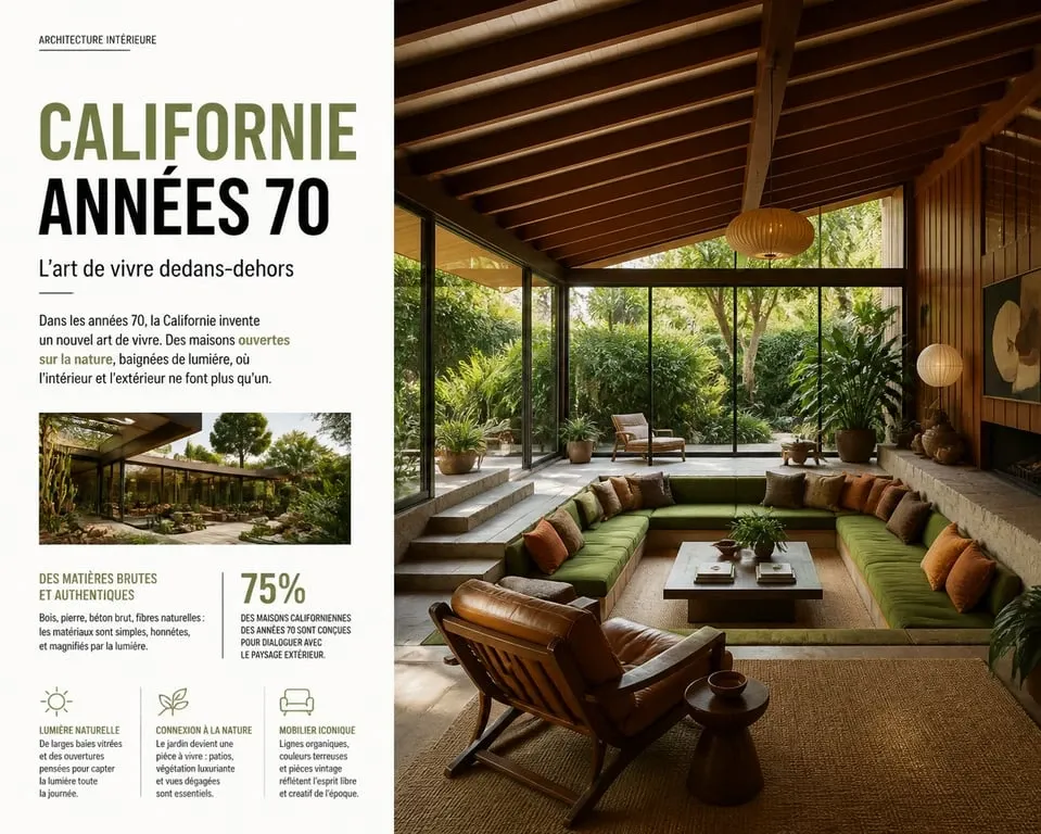 Salon de maison californienne des années 70 avec poutres apparentes et grandes baies vitrées