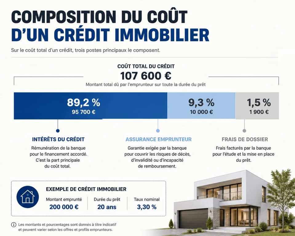 Infographie sur la composition du coût d'un crédit immobilier : intérêts, assurance et frais