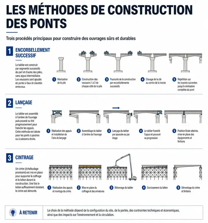 Schéma des méthodes de construction de grands ouvrages : encorbellement, lançage et cintrage