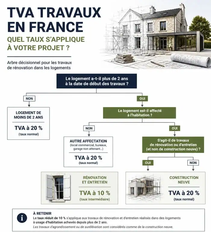 Infographie décisionnelle pour déterminer le taux de TVA applicable aux travaux de rénovation