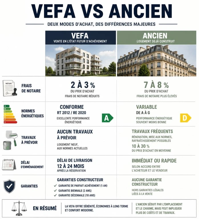 Infographie comparative achat VEFA vs ancien pour aider à décider s'il faut acheter en VEFA aujourd'hui