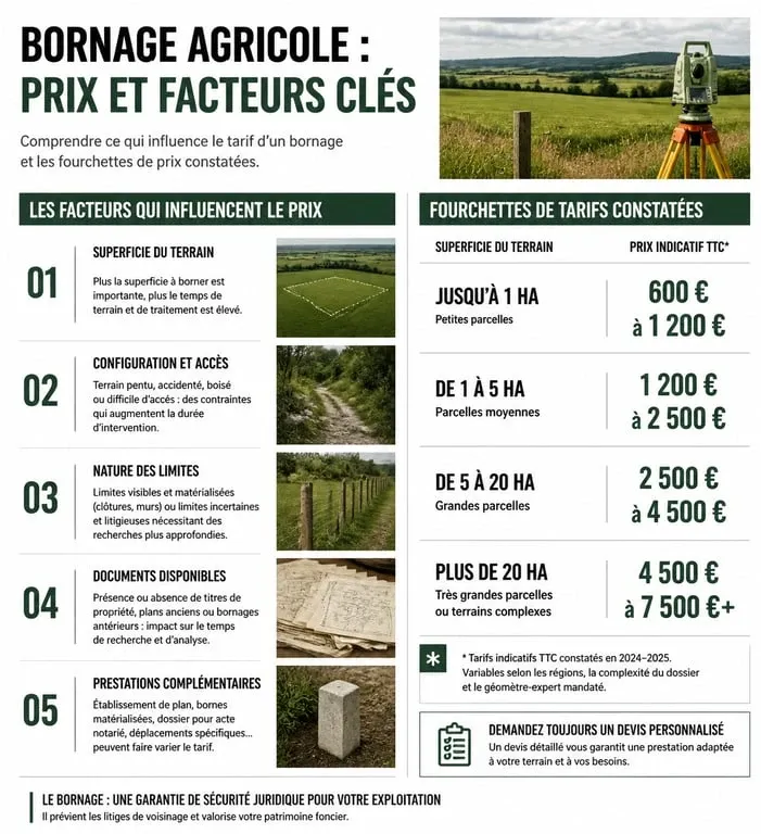 Infographie des tarifs et facteurs de prix pour le bornage d'un terrain agricole par un géomètre-expert