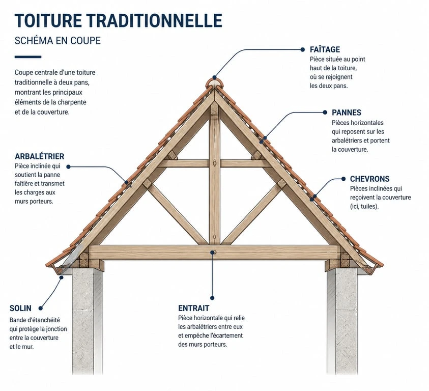 Schéma technique annoté des composants d'une toiture traditionnelle