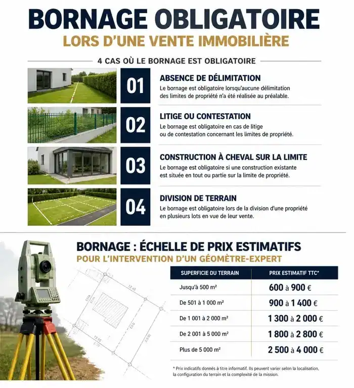 Infographie sur les obligations et coûts du bornage d'un terrain lors d'une vente immobilière
