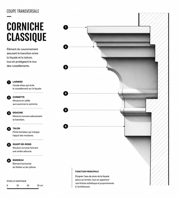 Schéma illustrant la modénature et les jeux d'ombre sur une corniche architecturale