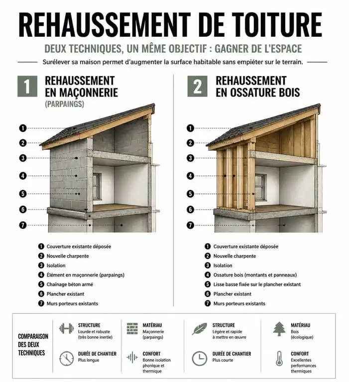 Comparatif technique des méthodes pour rehausser toiture : maçonnerie vs ossature bois