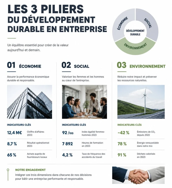Infographie des trois piliers de l'entreprise du développement durable : économie, social et environnement