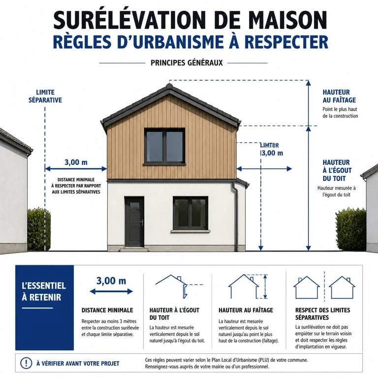 Schéma des règles d'urbanisme et distances légales pour un projet de surélévation de maison et voisinage