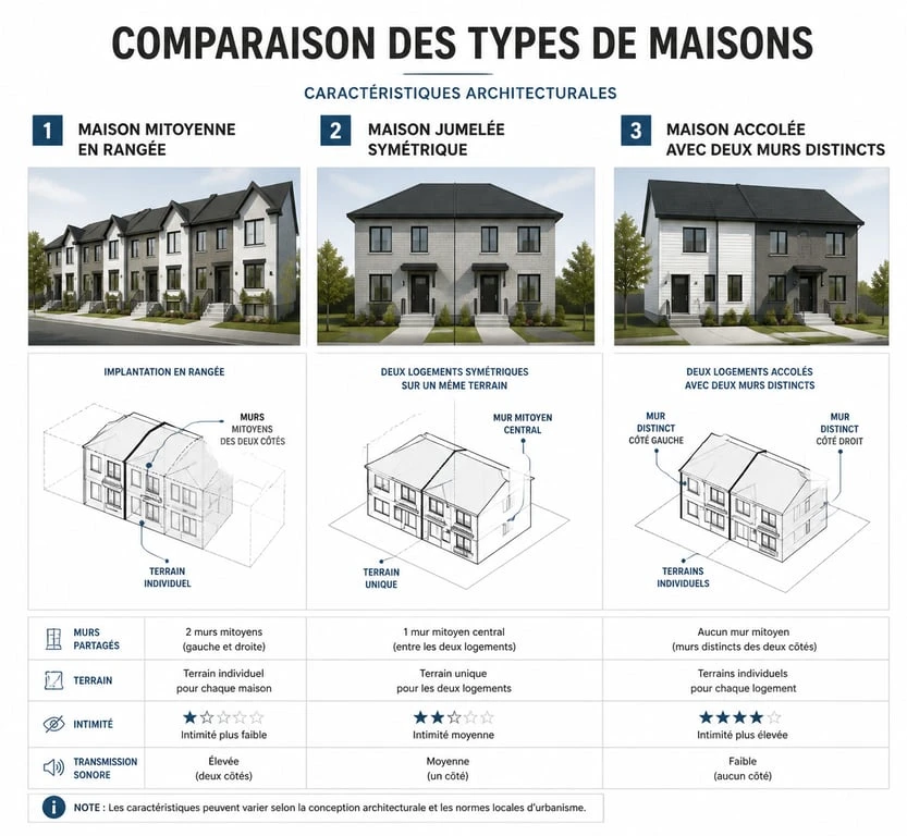Schéma comparatif des types de maisons : mitoyenne, jumelée et accolée