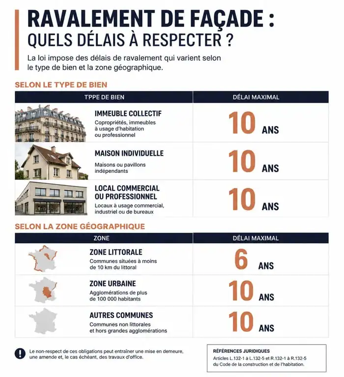 Infographie récapitulative des obligations et périodicité pour le ravalement de façade d'une maison ou d'un immeuble