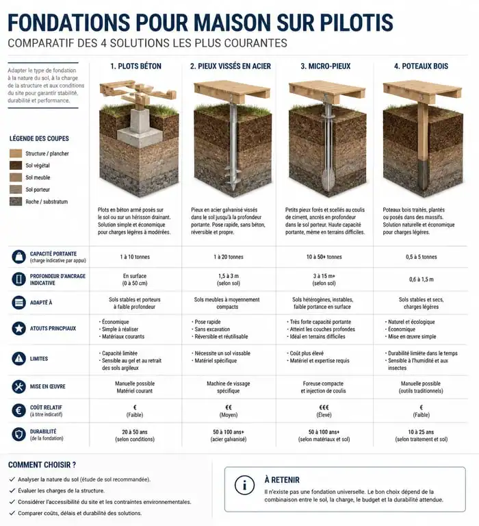 Comparatif des techniques de fondations pour constructeur maison sur pilotis