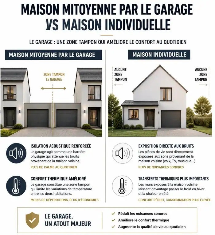 Infographie comparative : maison mitoyenne par le garage vs maison individuelle