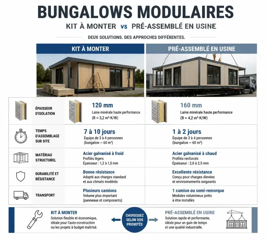 Comparatif technique entre bungalow préfabriqué en kit et unité montée
