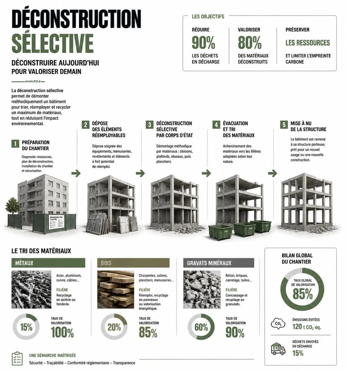Infographie des étapes de la déconstruction sélective et du curage de bâtiment
