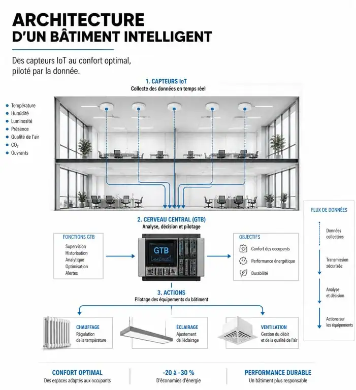 Schéma de fonctionnement d'un bâtiment intelligent avec IoT et GTB