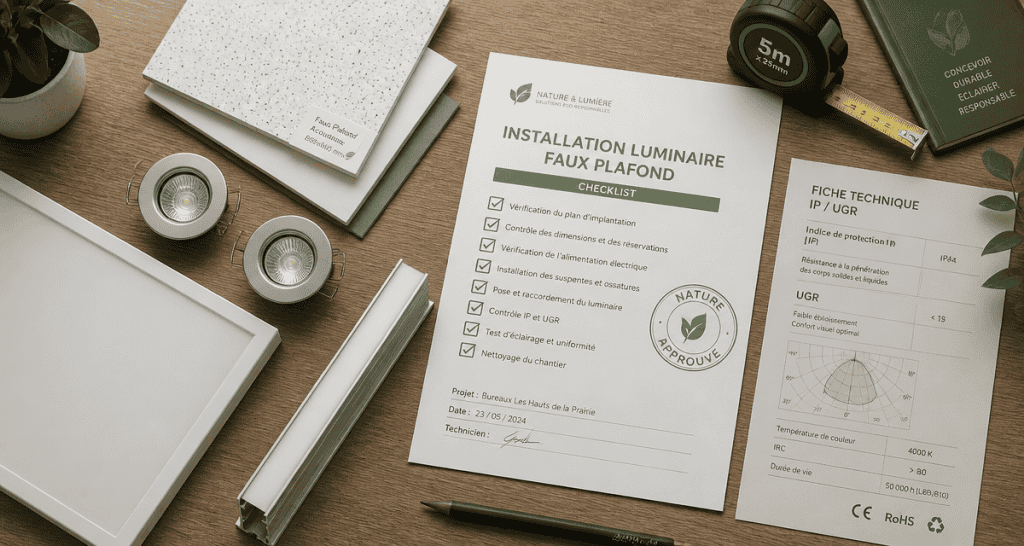 luminaire faux plafond échantillons spots LED checklist
