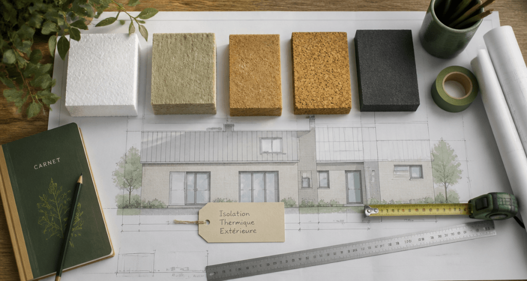 Meilleur isolant exterieur échantillons sur plan d'architecte